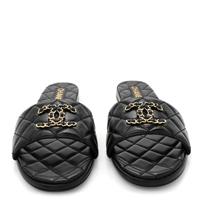 Chanel Shiny Goatskin Quilted CC Mules Sandals 40 Black 2 of 9