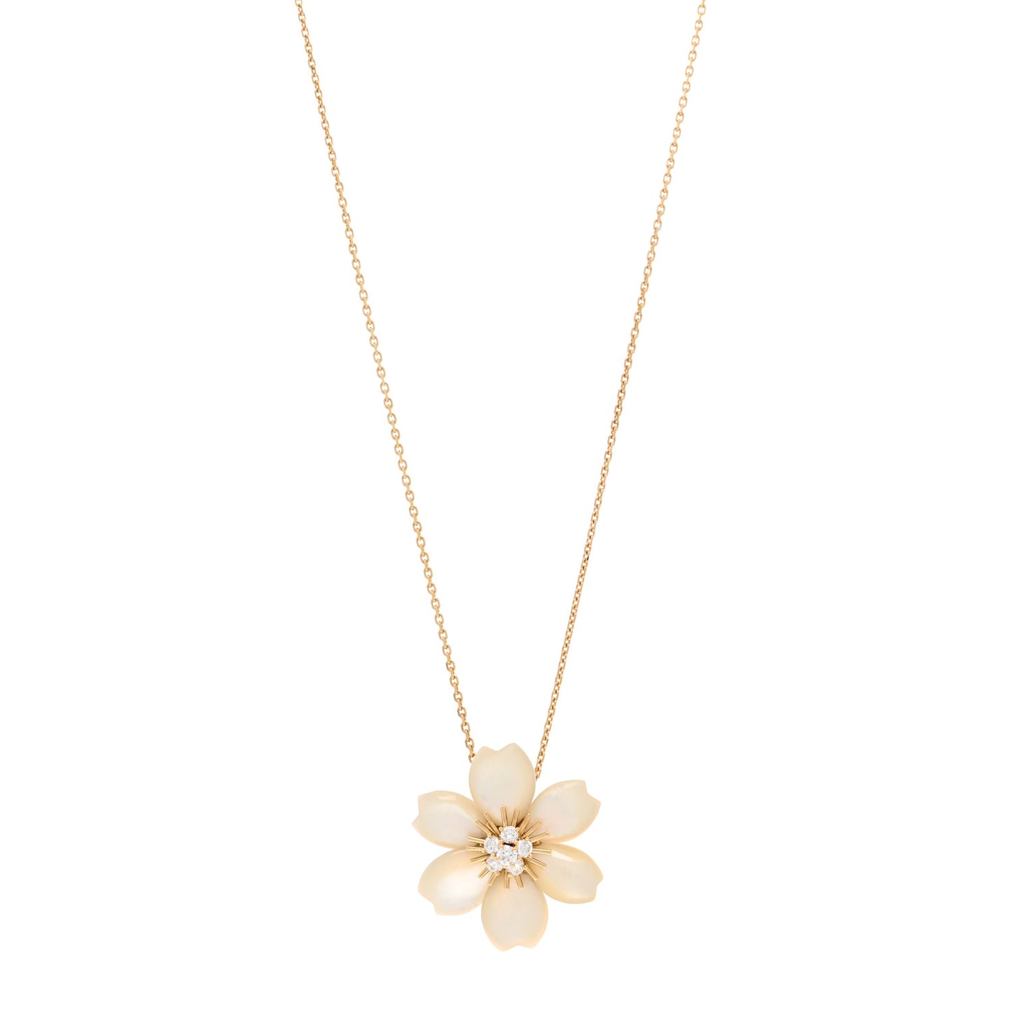 18K Yellow Gold Diamond Mother of Pearl Small Rose De Noel Clip Pendant Necklace