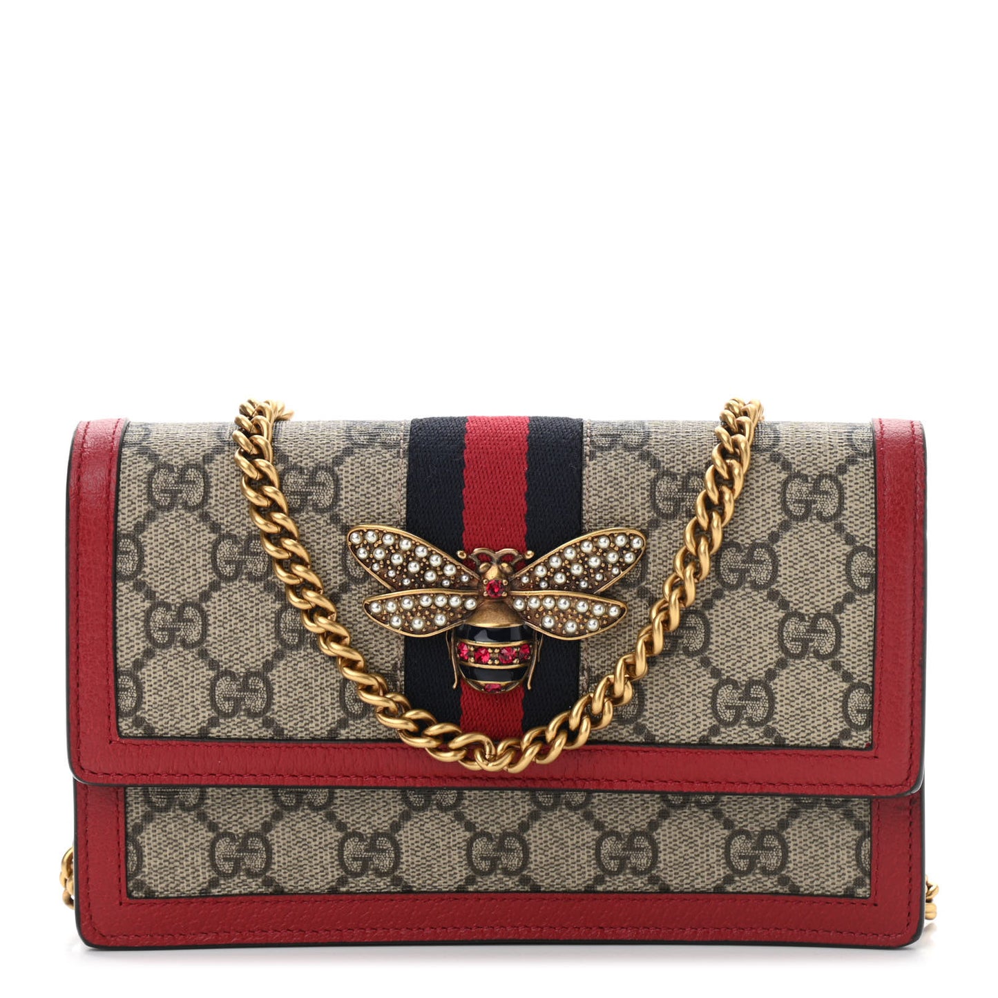 GG Supreme Monogram Web Queen Margaret Chain Wallet Red