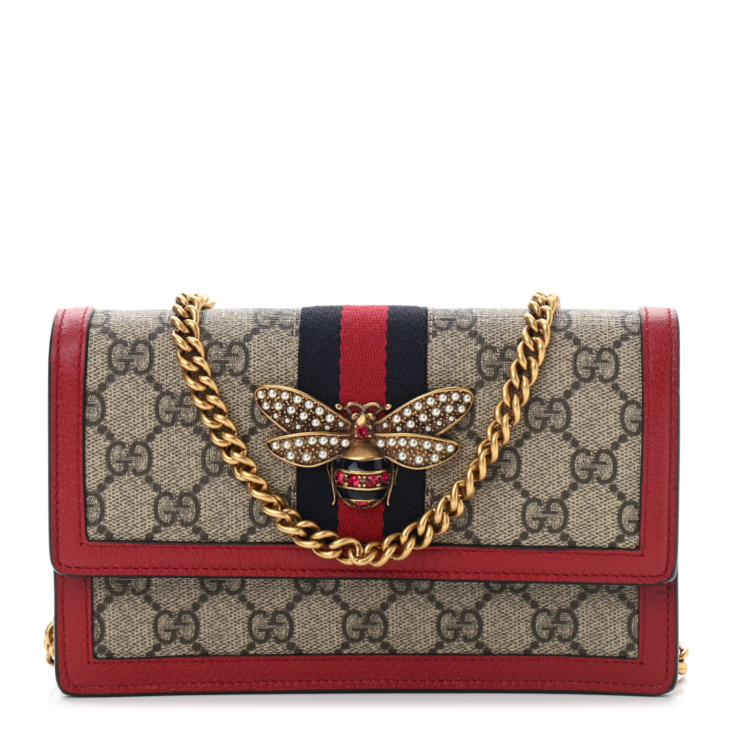 Gucci GG Supreme Monogram Web Queen Margaret Chain Wallet Red 1 of 10