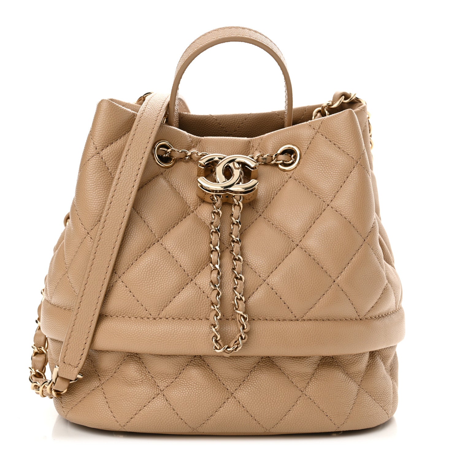 Chanel Caviar Quilted Rolled Up Bucket Drawstring Bag Beige 1 of 12