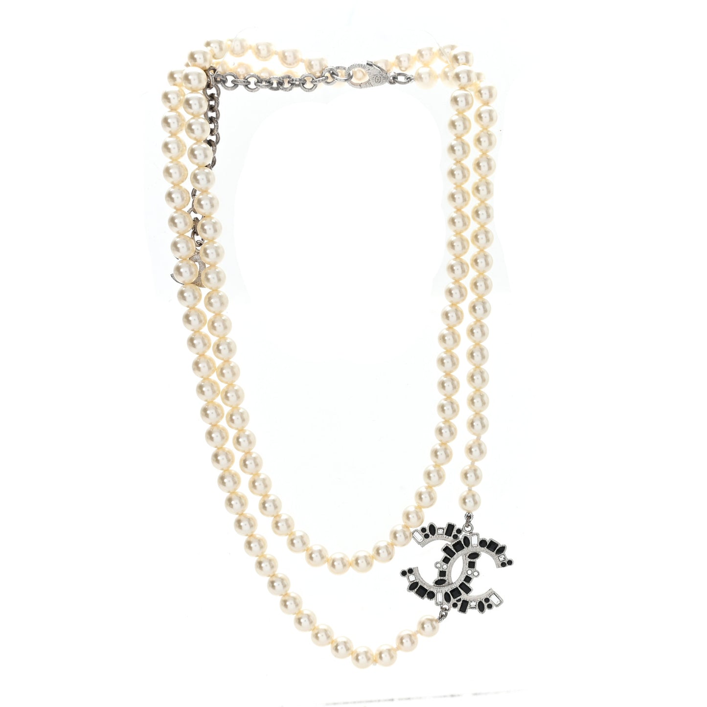 Pearl Bead Crystal CC Long Necklace White Silver Black