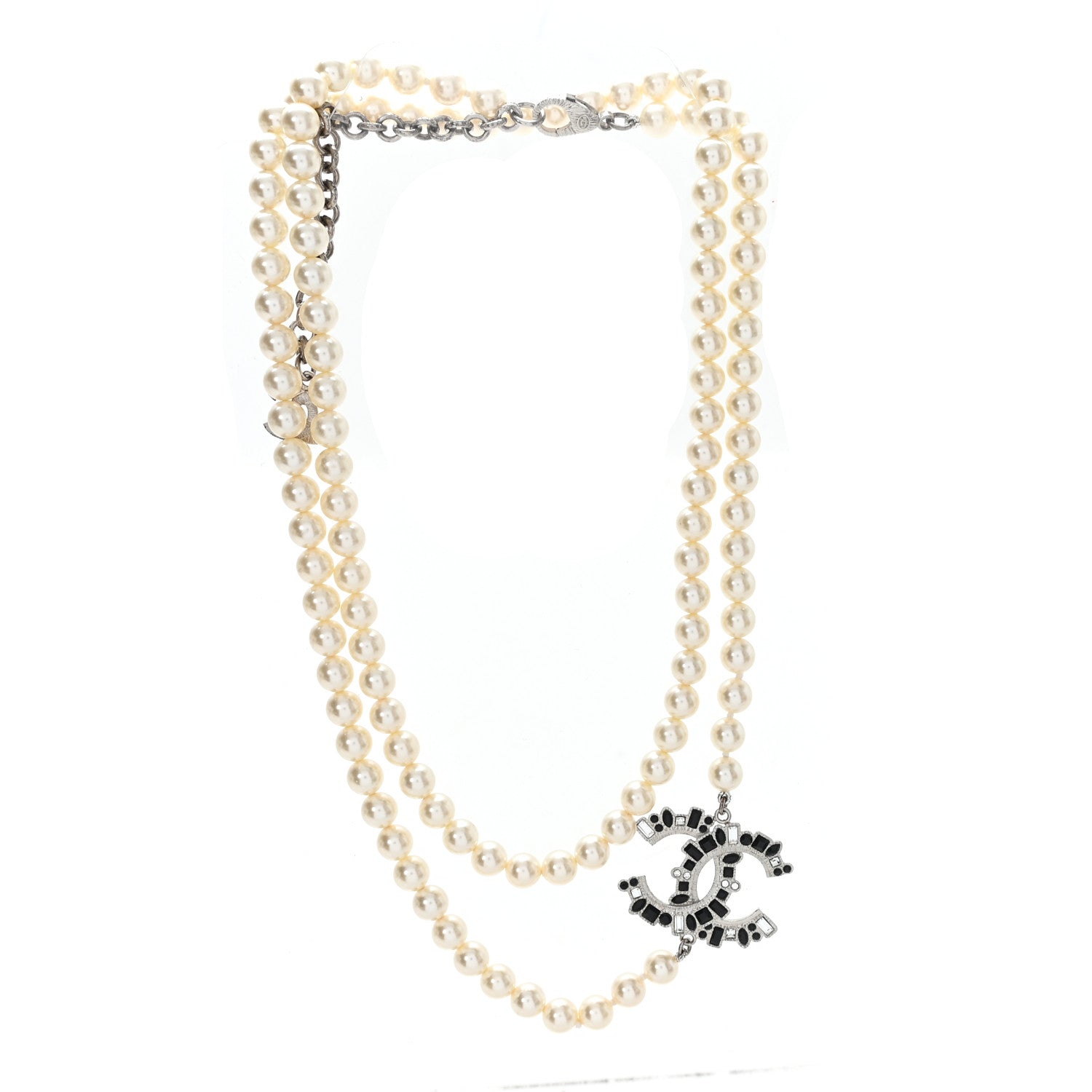 Chanel Pearl Bead Crystal CC Long Necklace White Silver Black 3 of 5