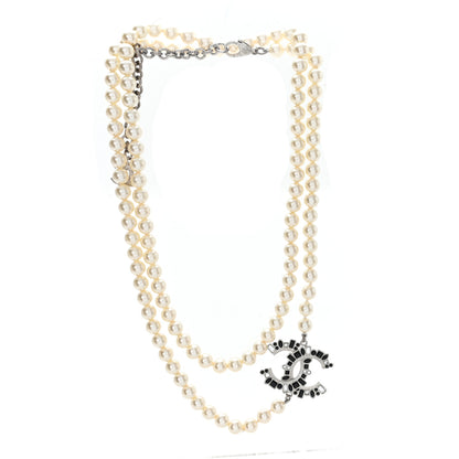 Chanel Pearl Bead Crystal CC Long Necklace White Silver Black 3 of 5