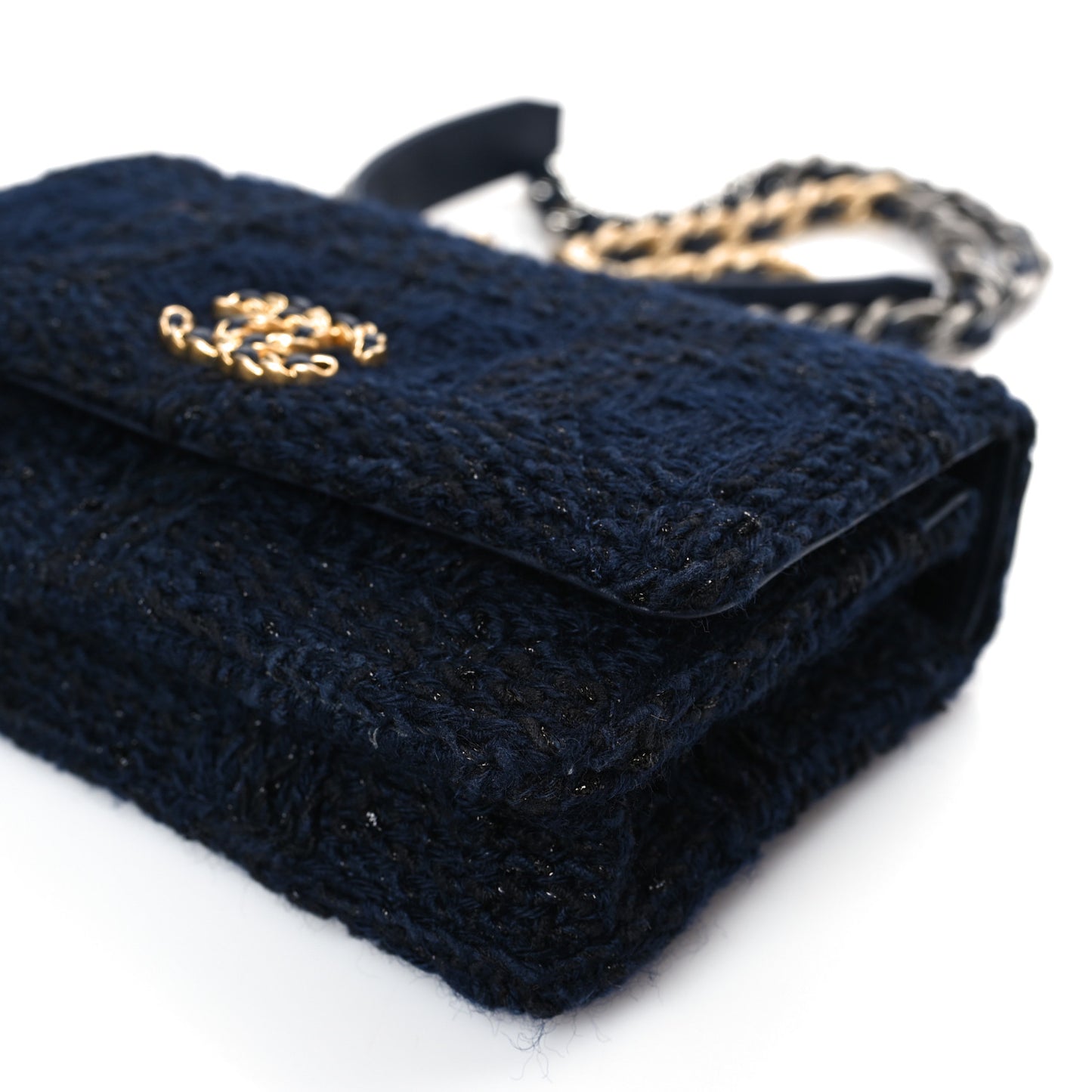 Wool Tweed Lambskin Quilted Chanel 19 Wallet On Chain WOC Blue Black