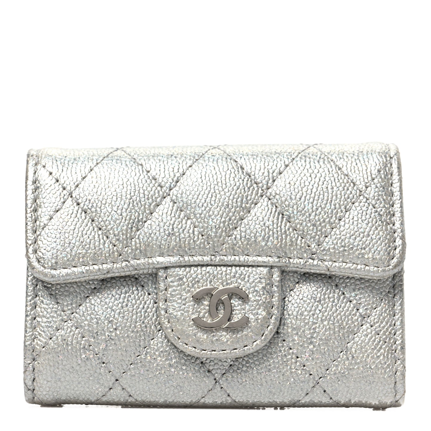 Metallic Caviar Quilted Classic 4 Key Holder Wallet Silver