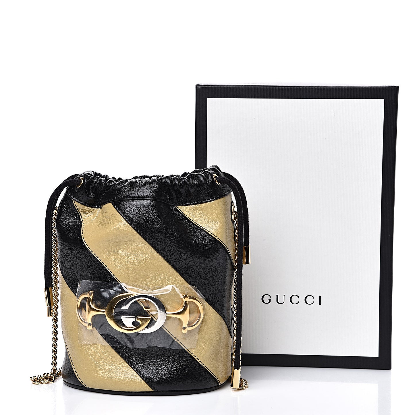 Calfskin Diagonal Striped Mini Zumi Bucket Bag Black Beige
