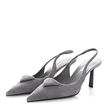 Prada Suede Triangle Logo Pointed Toe 75mm Slingback Pumps 37 Grey 4 of 11