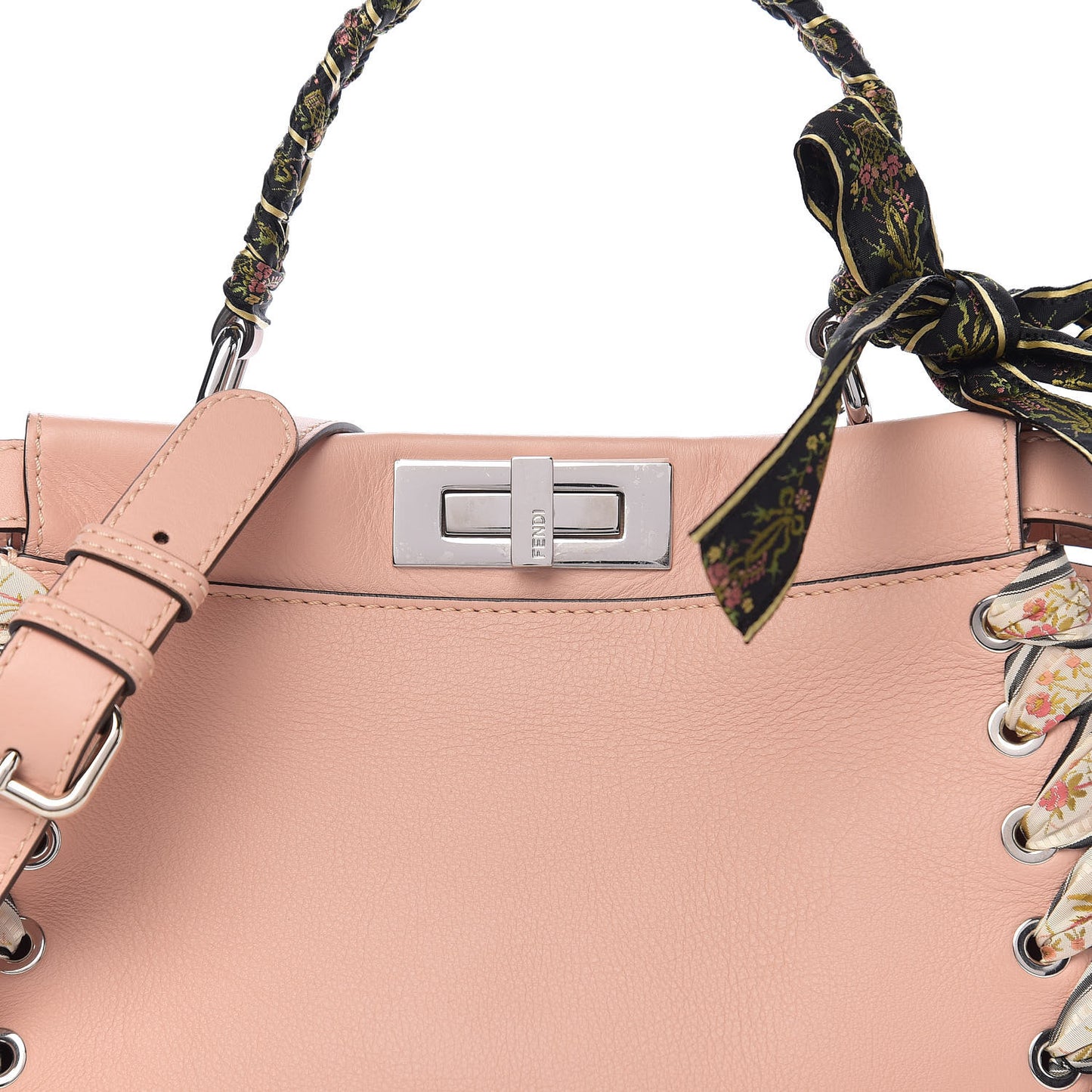 Vitello Seta Shiny Nappa Ribbon Lace Up Floral Medium Peekaboo Iconic Satchel Baby Pink Multicolor