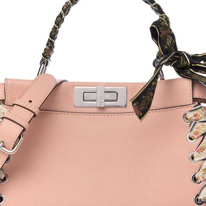 Fendi Vitello Seta Shiny Nappa Ribbon Lace Up Floral Medium Peekaboo Iconic Satchel Baby Pink Multicolor 10 of 10