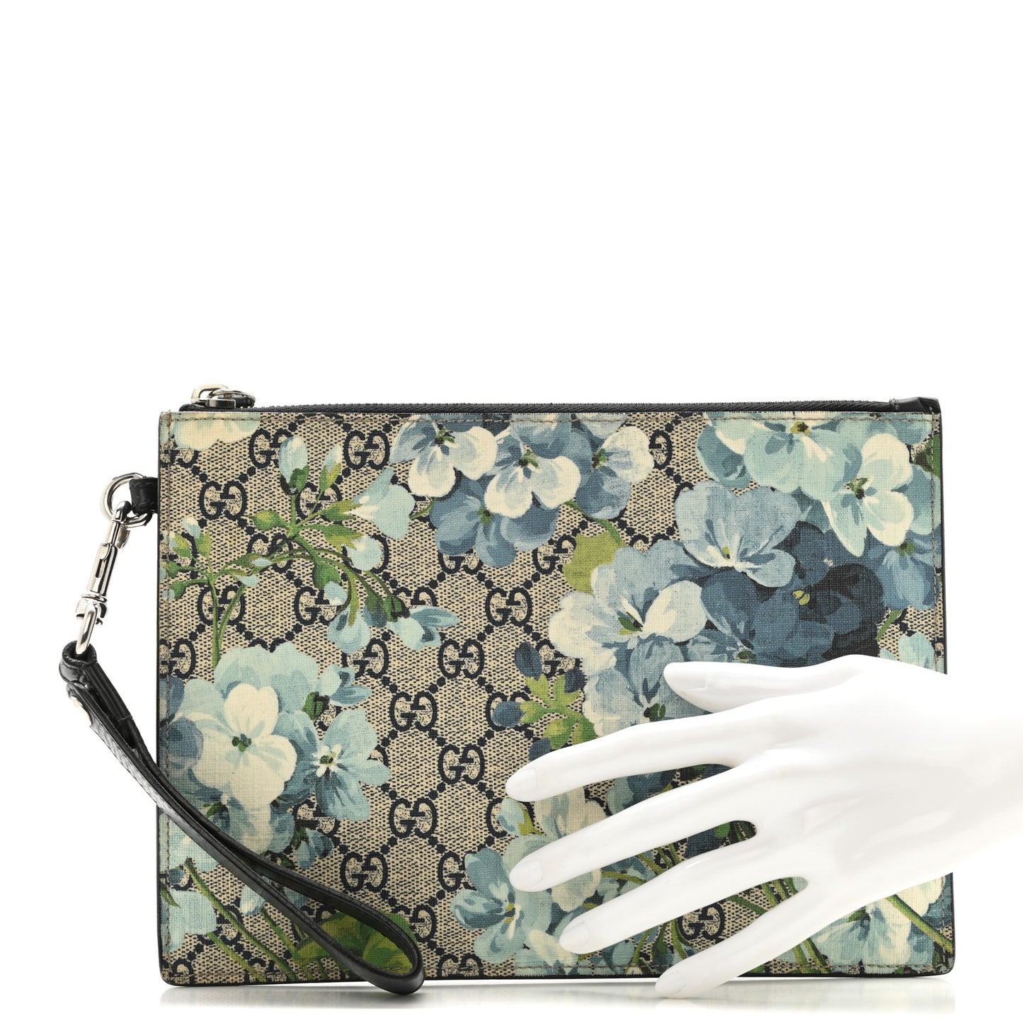 GG Supreme Monogram Blooms Small Zip Wristlet Pouch Beige Blue Black