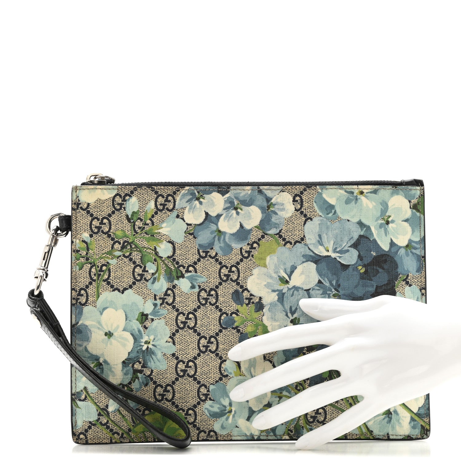 Gucci GG Supreme Monogram Blooms Small Zip Wristlet Pouch Beige Blue Black 2 of 10