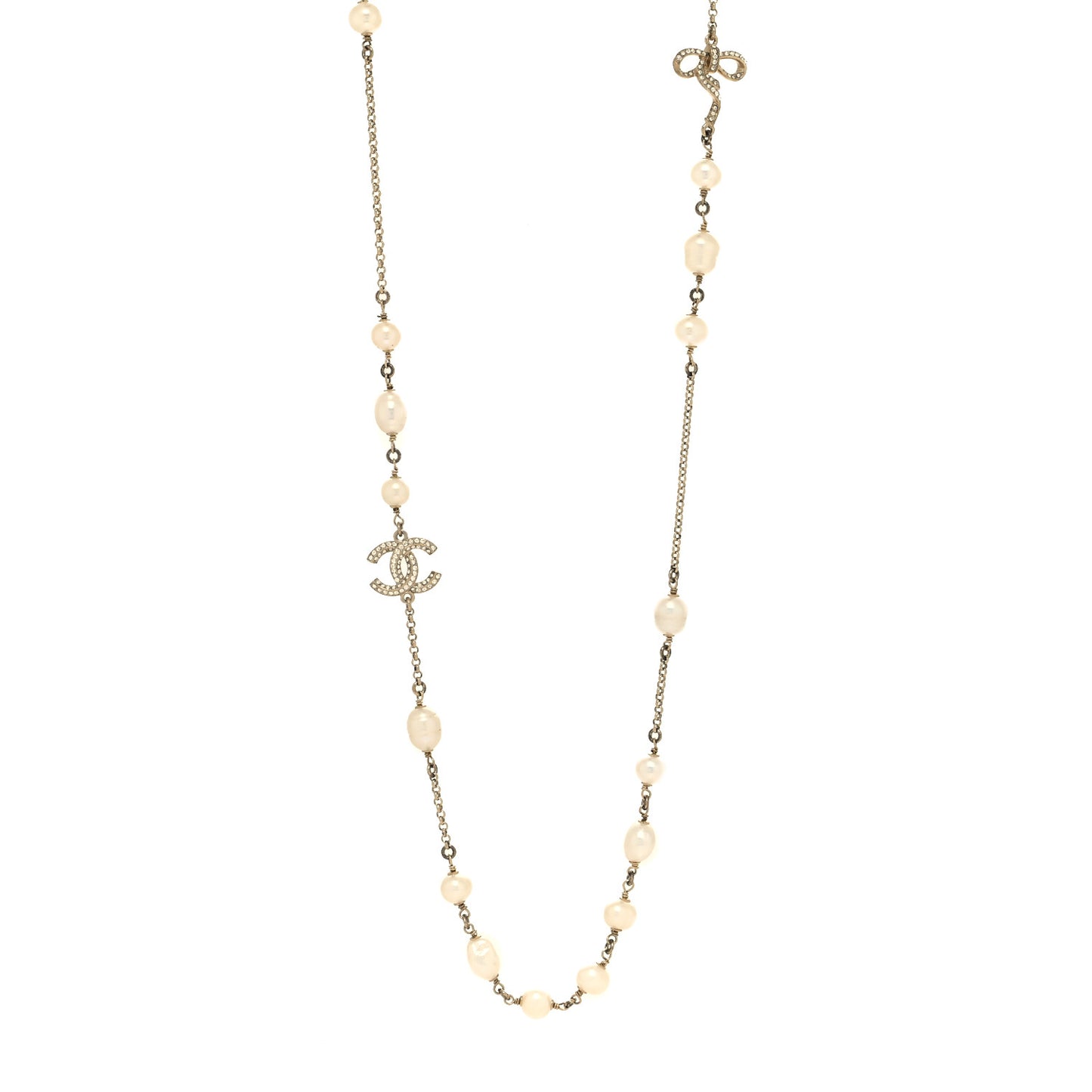 Crystal Pearl CC Bow Long Necklace Light Gold