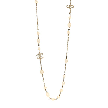 Chanel Crystal Pearl CC Bow Long Necklace Light Gold 1 of 5