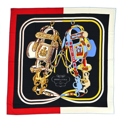 Hermes Silk Cashmere Brides De Gala Applique Pique Shawl 140 Rouge Black Bleu Ciel 1 of 4