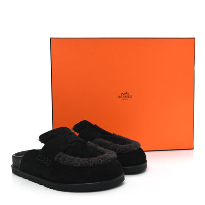 Hermes Suede Goatskin Shearling Go Mules 36 Black 9 of 9