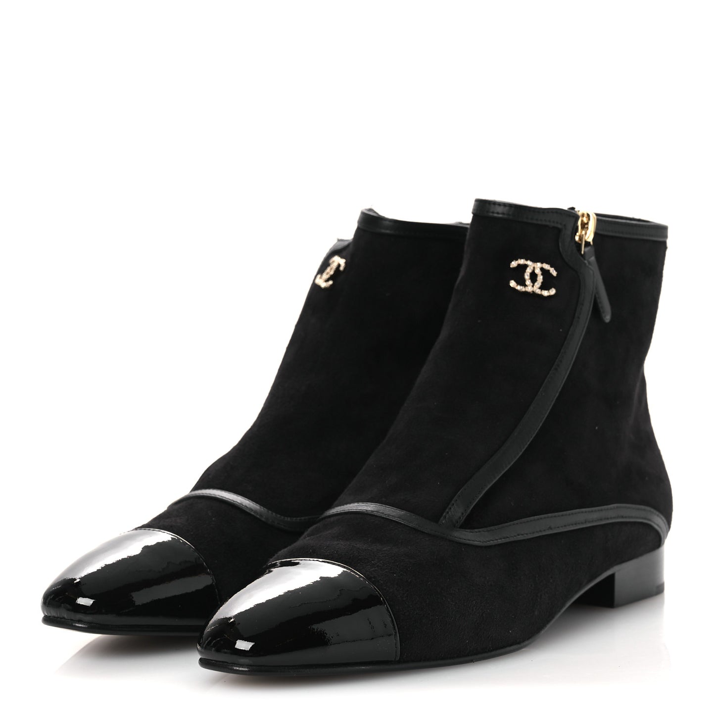 Suede Lambskin Patent Calfskin CC Cap Toe Ankle Boots 40 Black