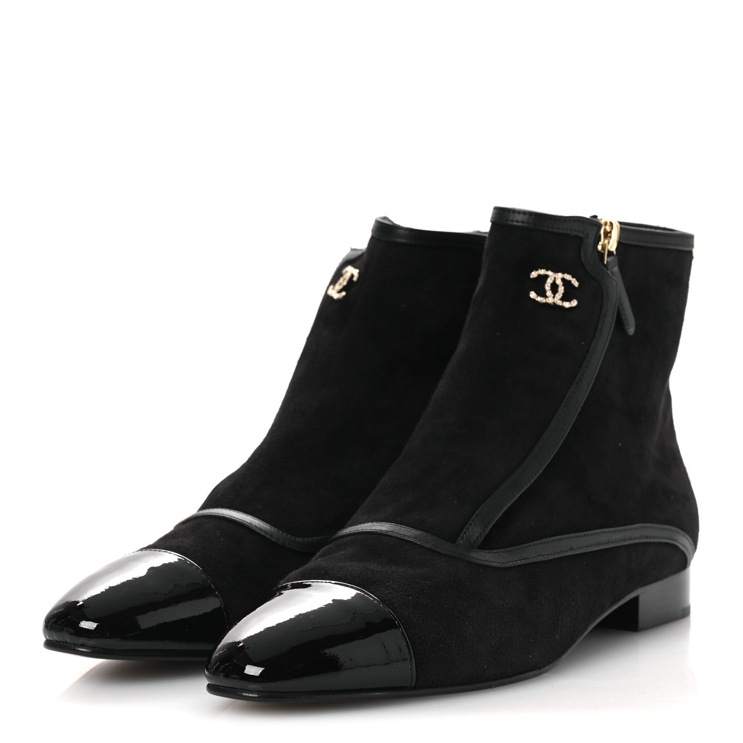 Chanel Suede Lambskin Patent Calfskin CC Cap Toe Ankle Boots 40 Black 4 of 12