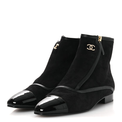 Chanel Suede Lambskin Patent Calfskin CC Cap Toe Ankle Boots 40 Black 4 of 12