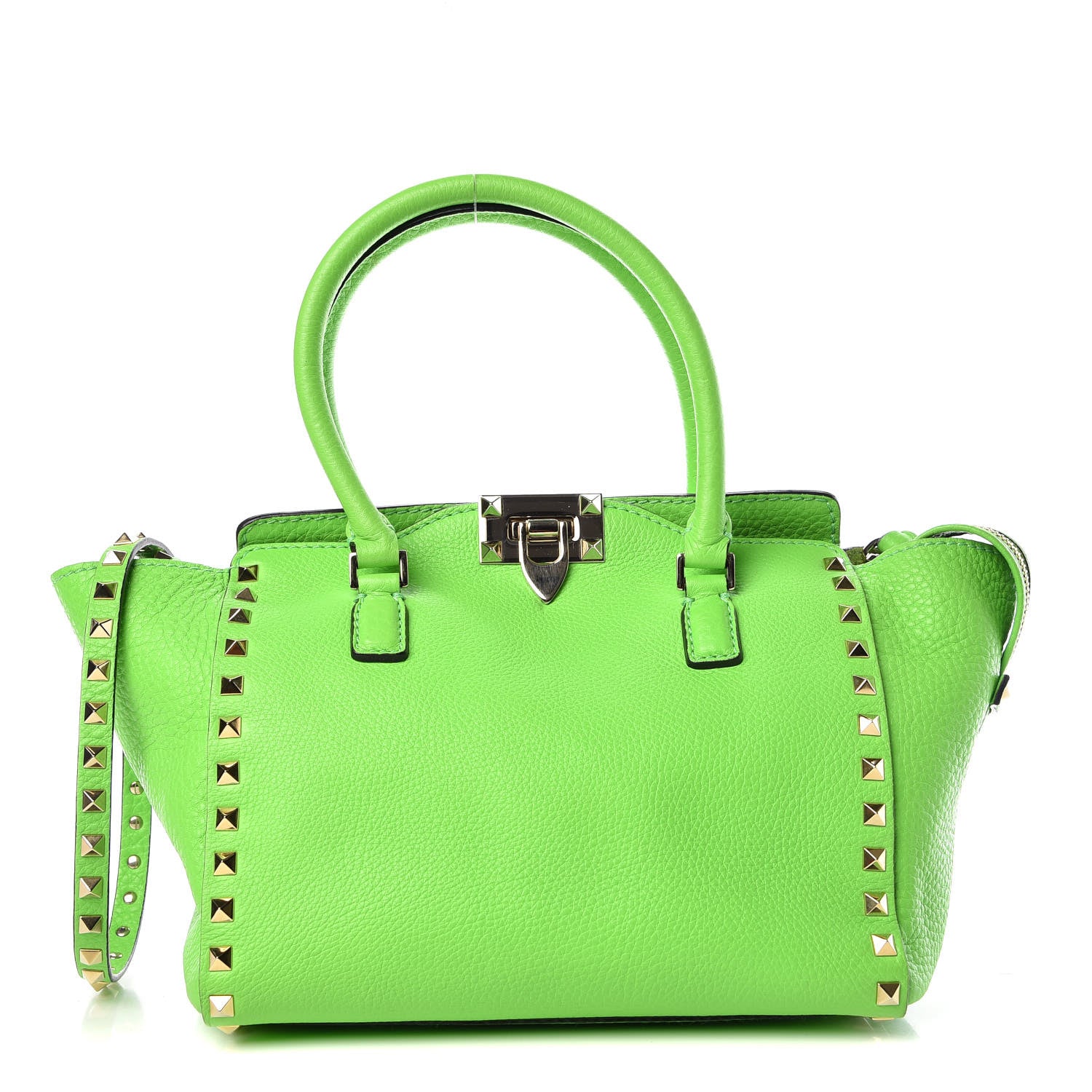 Valentino Garavani Pebbled Calfskin Small Rockstud Double Handle Tote Green Fluo 1 of 15