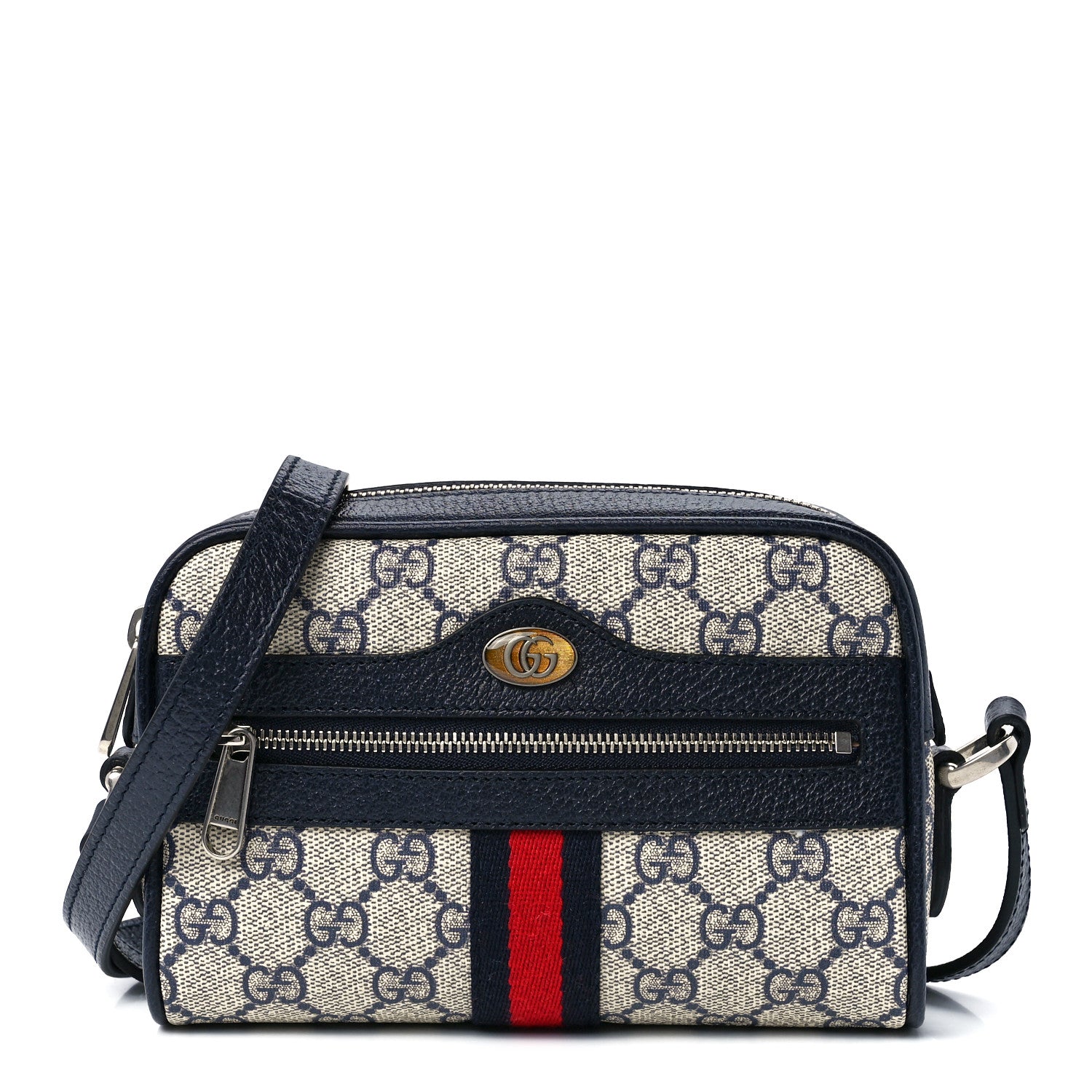 Gucci GG Supreme Monogram Textured Dollar Calfskin Web Mini Ophidia Shoulder Bag Beige Blue 1 of 11