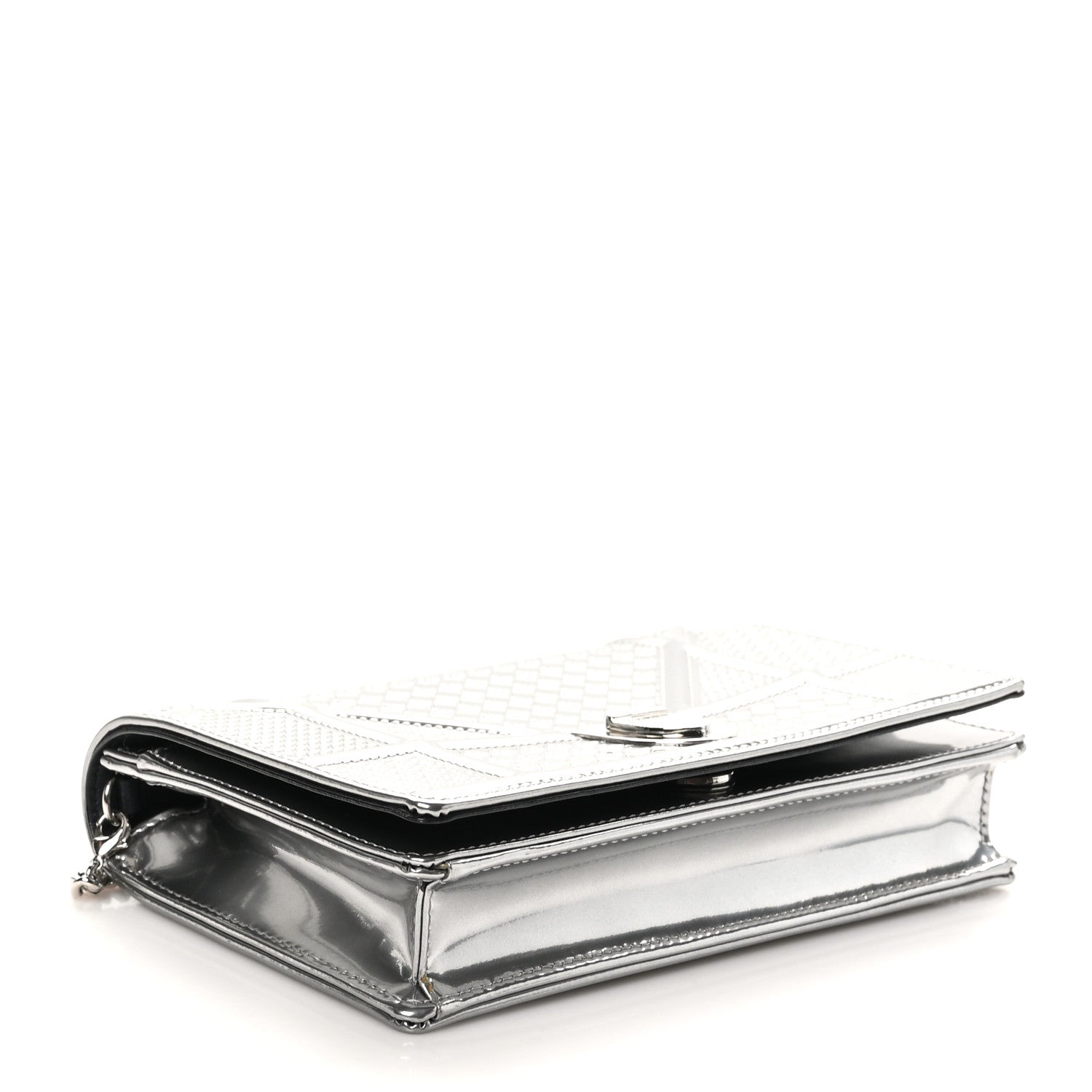 Christian Dior Metallic Patent Micro-Cannage Diorama Wallet on Chain Pouch Silver 4 of 9