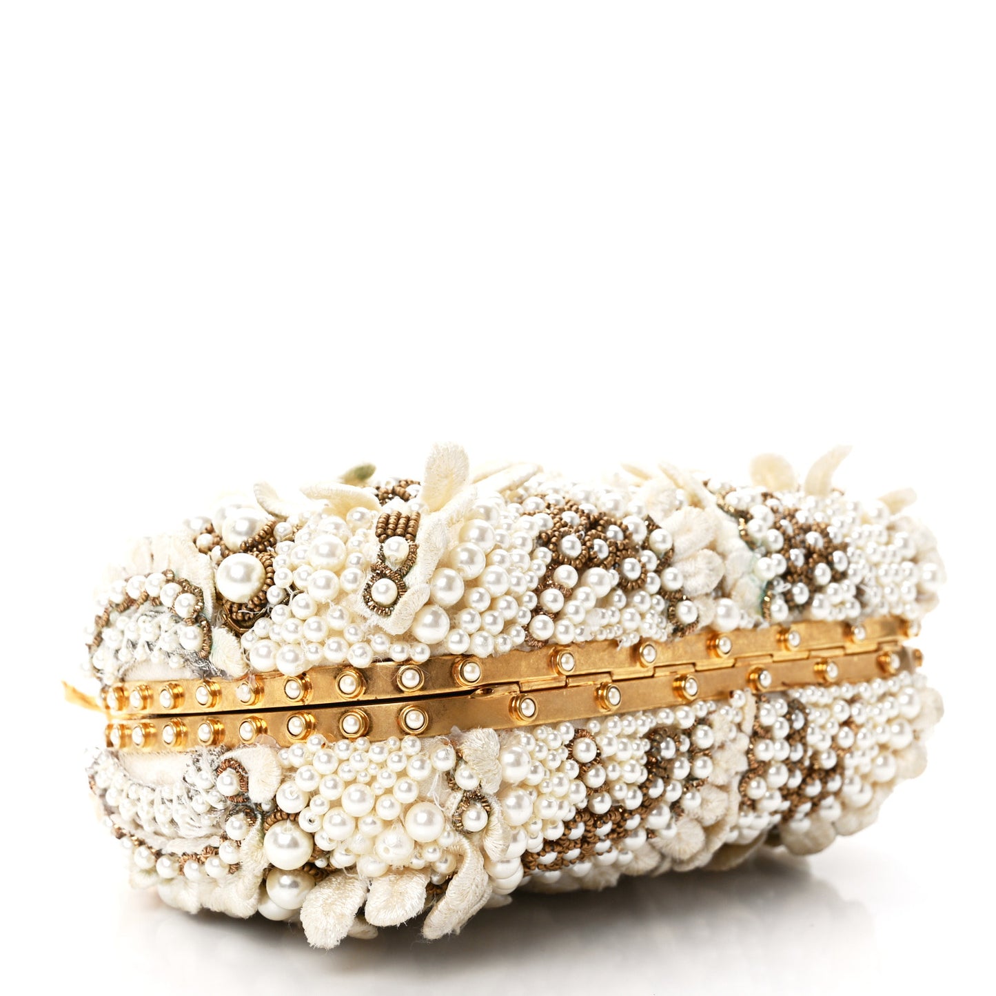 Embroidered Pearl Angel Knuckle Box Clutch Ivory Gold