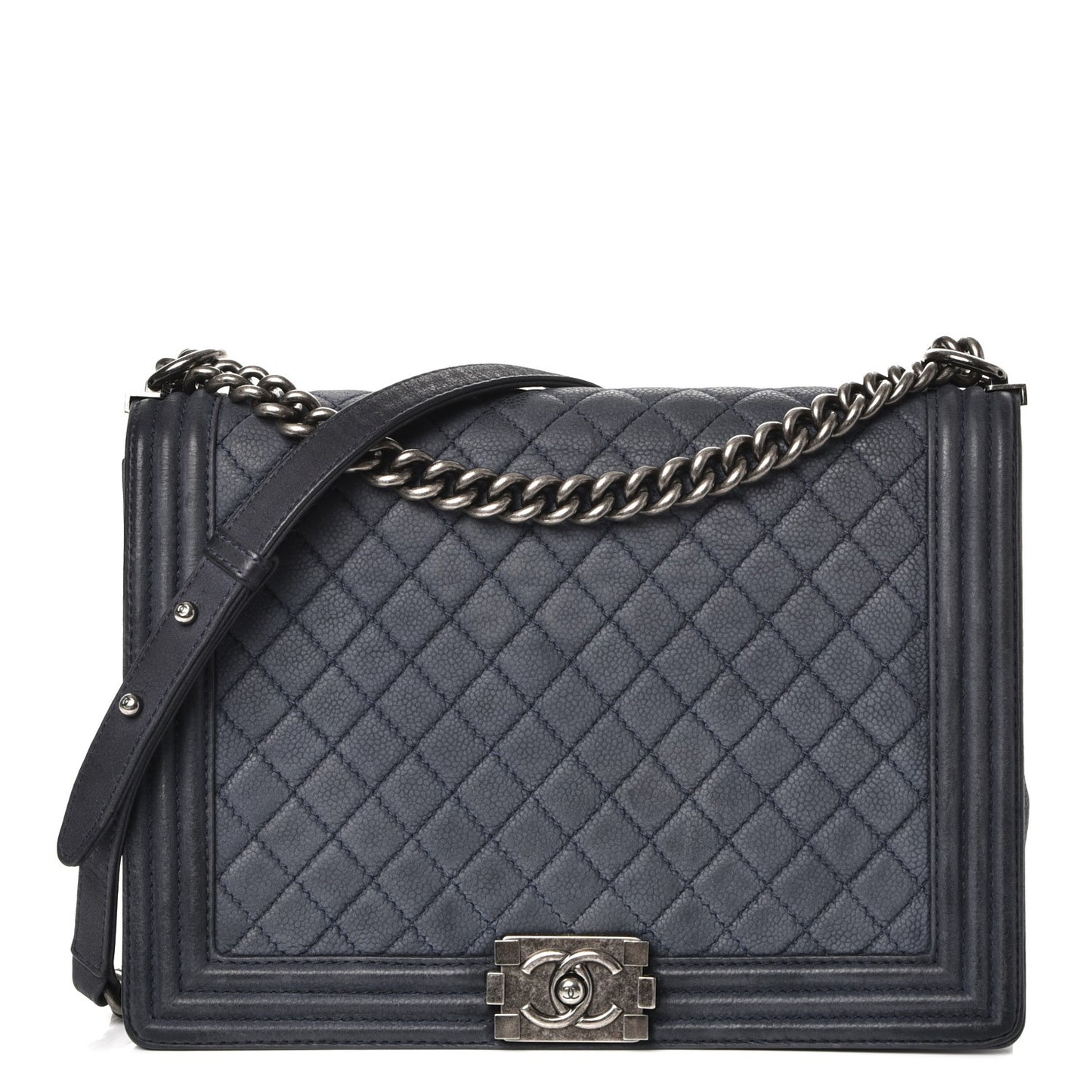 Iridescent Caviar Quilted Large Boy Flap Navy Blue