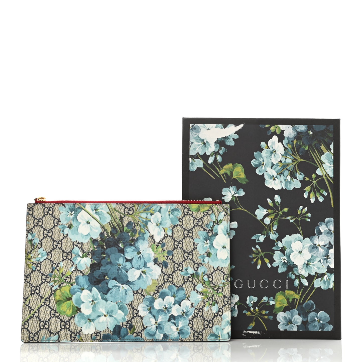 GG Supreme Monogram Blooms Suede Large Zip Pouch Blue