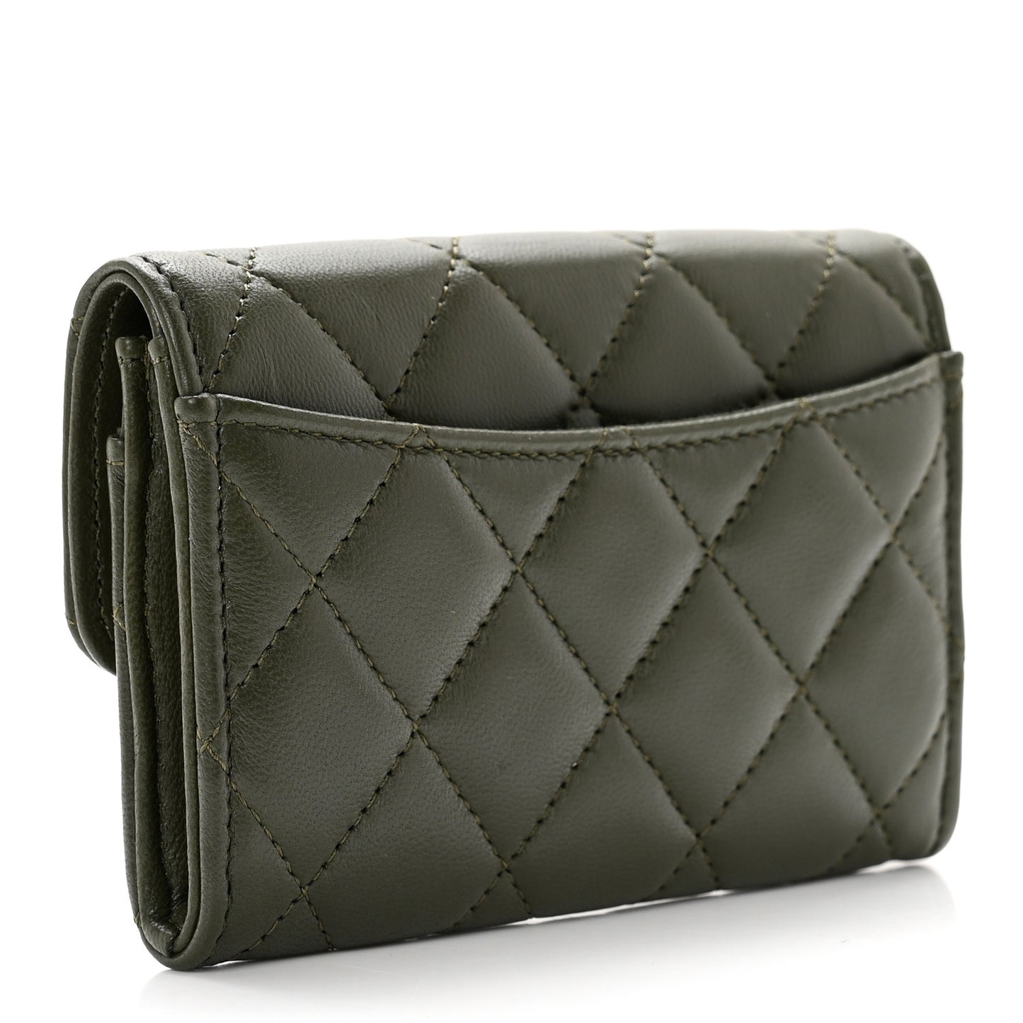 Lambskin Quilted Flap Card Holder Wallet Khaki