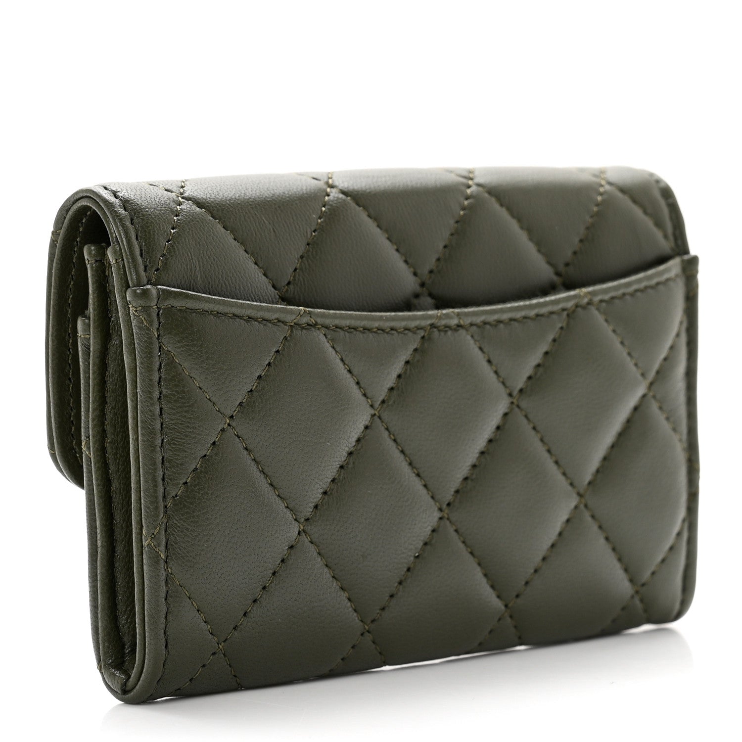 Chanel Lambskin Quilted Flap Card Holder Wallet Khaki 2 of 8