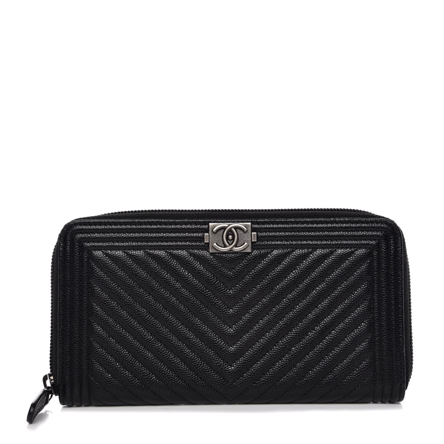 Caviar Chevron Quilted Zip Around Boy Wallet Black