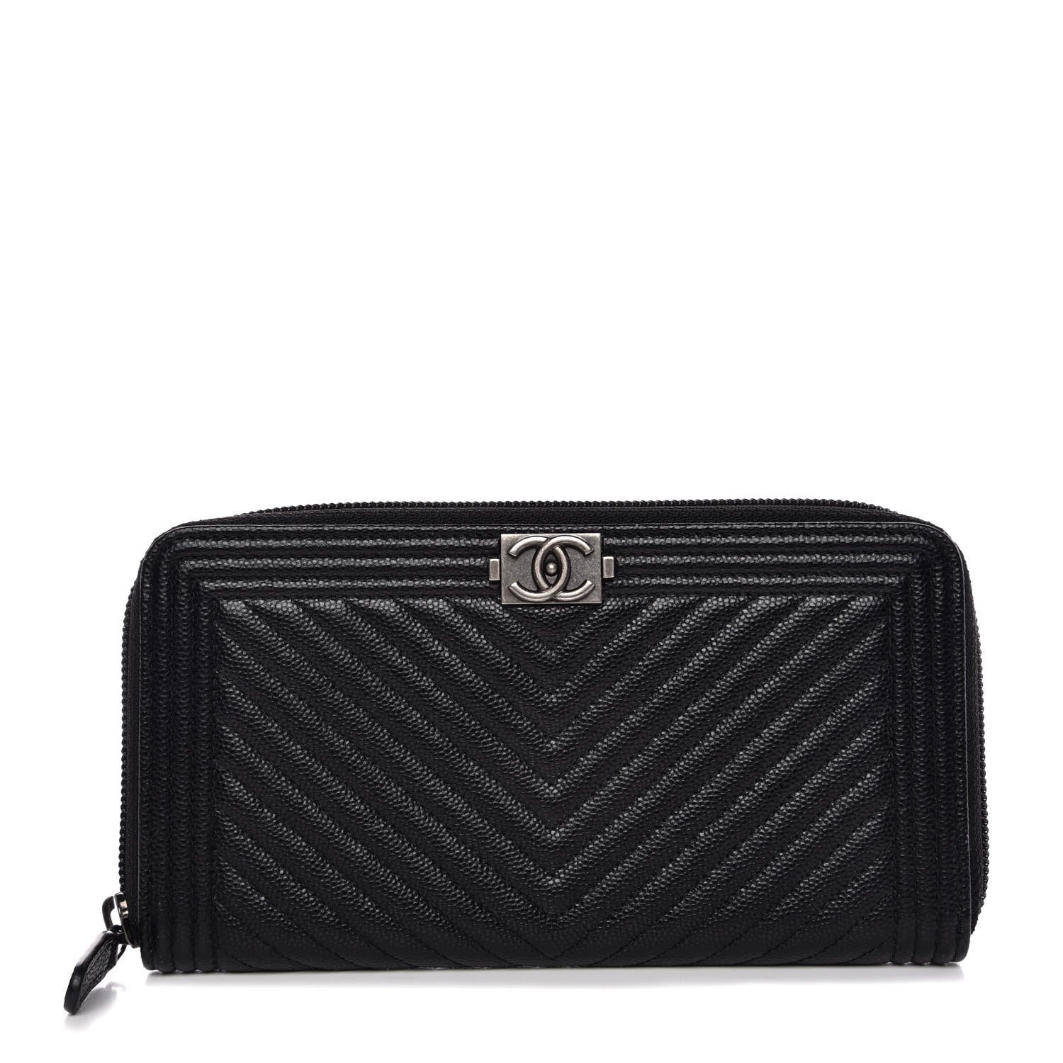 Chanel Caviar Chevron Quilted Zip Around Boy Wallet Black 1 of 8