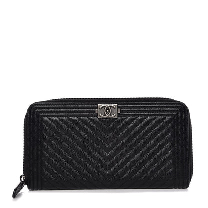Chanel Caviar Chevron Quilted Zip Around Boy Wallet Black 1 of 8