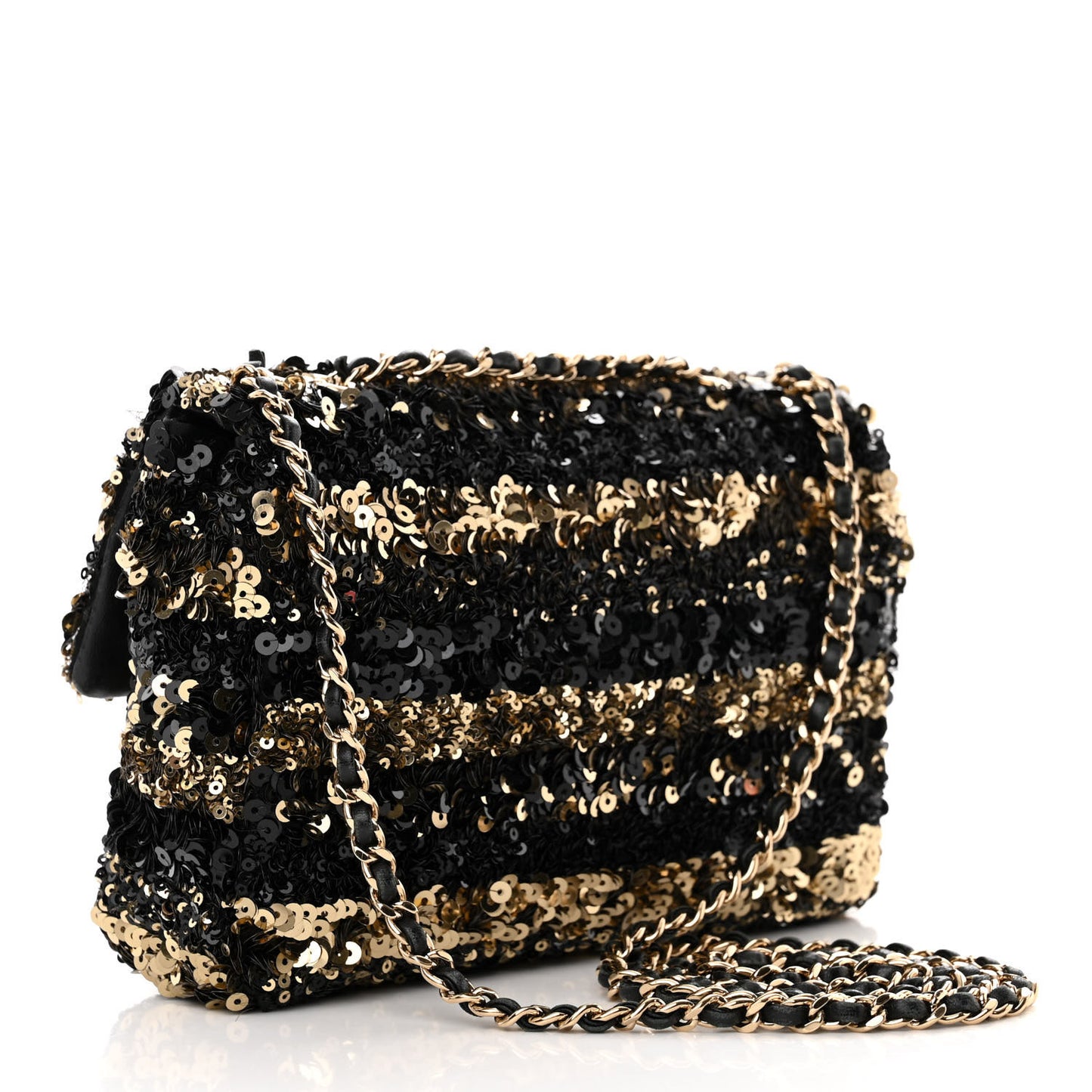 Sequin Striped Classic Mini Flap Black Gold