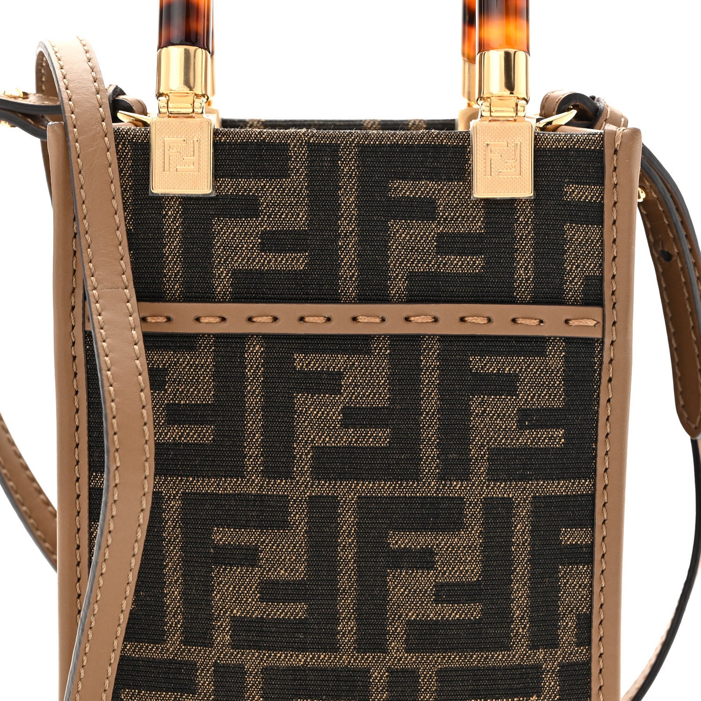 Fabric Jacquard Vitello King Plexiglass FF 1974 Mini Fendi Sunshine Shopper Tote Tobacco Moro Sand