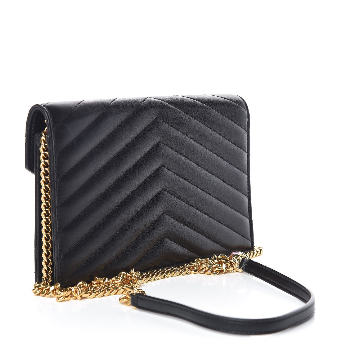 Calfskin Matelasse Chevron Monogram Envelope Chain Wallet Black