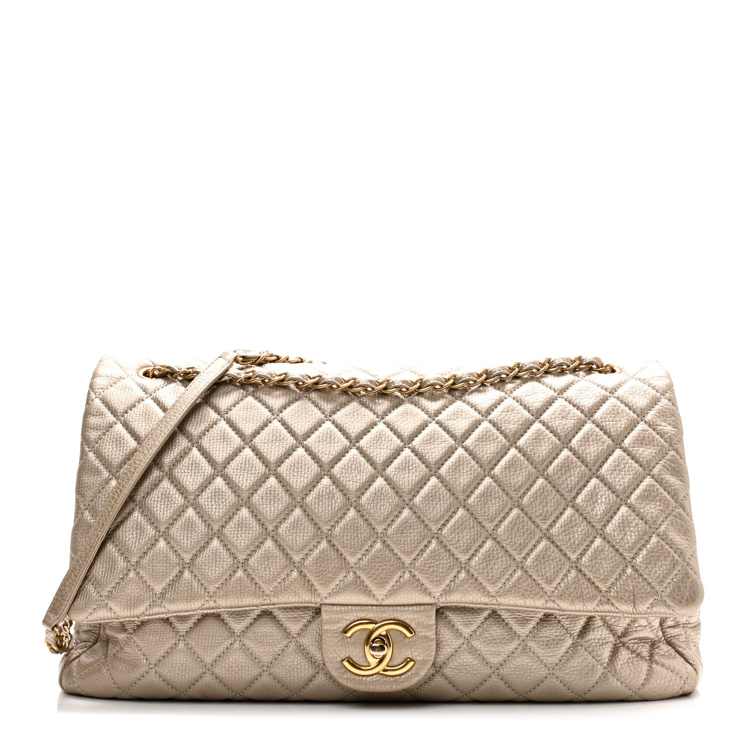 Chanel Metallic Calfskin Quilted Small XXL Travel Flap Bag Gold