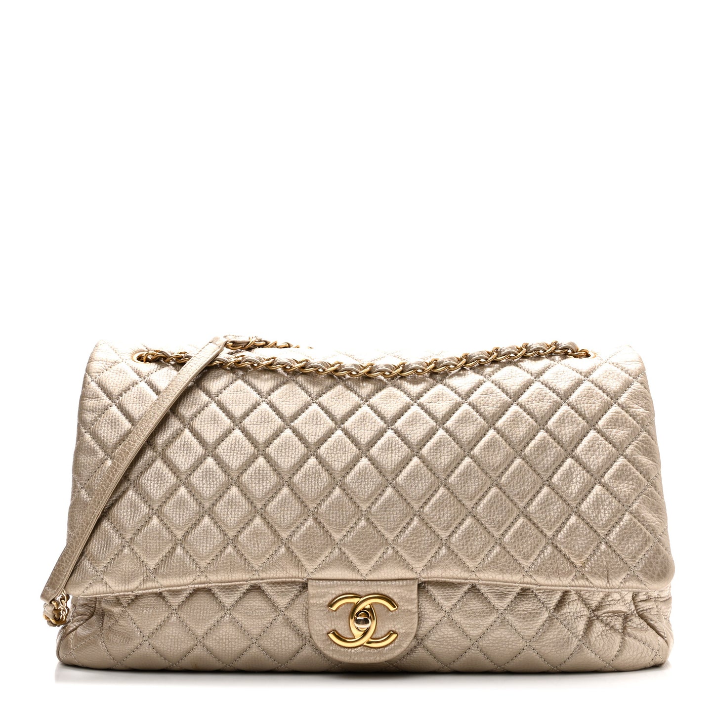 Metallic Calfskin Quilted Small XXL Travel Flap Bag Gold