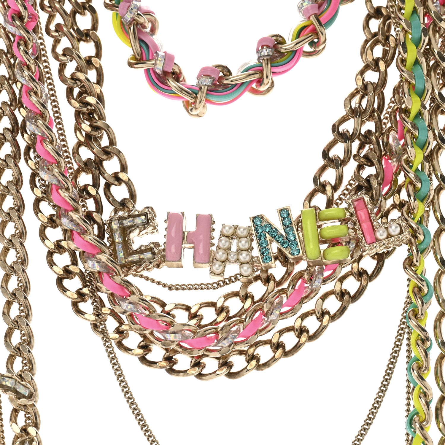Chanel Resin Pearl Crystal Logo Multi Chain Long Express Necklace Gold Multicolor 6 of 11