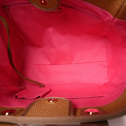Chanel Straw Raffia Calfskin Striped Medium Deauville Tote Dark Beige Fuchsia Navy Blue 5 of 12