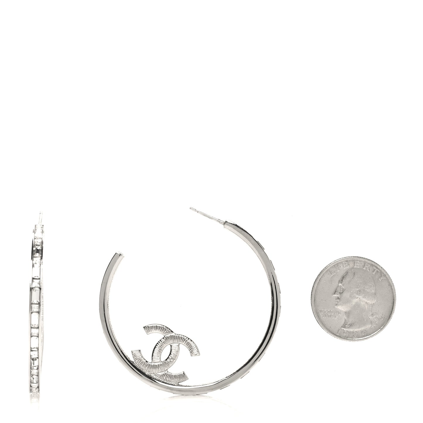 Metal Crystal Baguette CC Large Hoop Earrings Silver