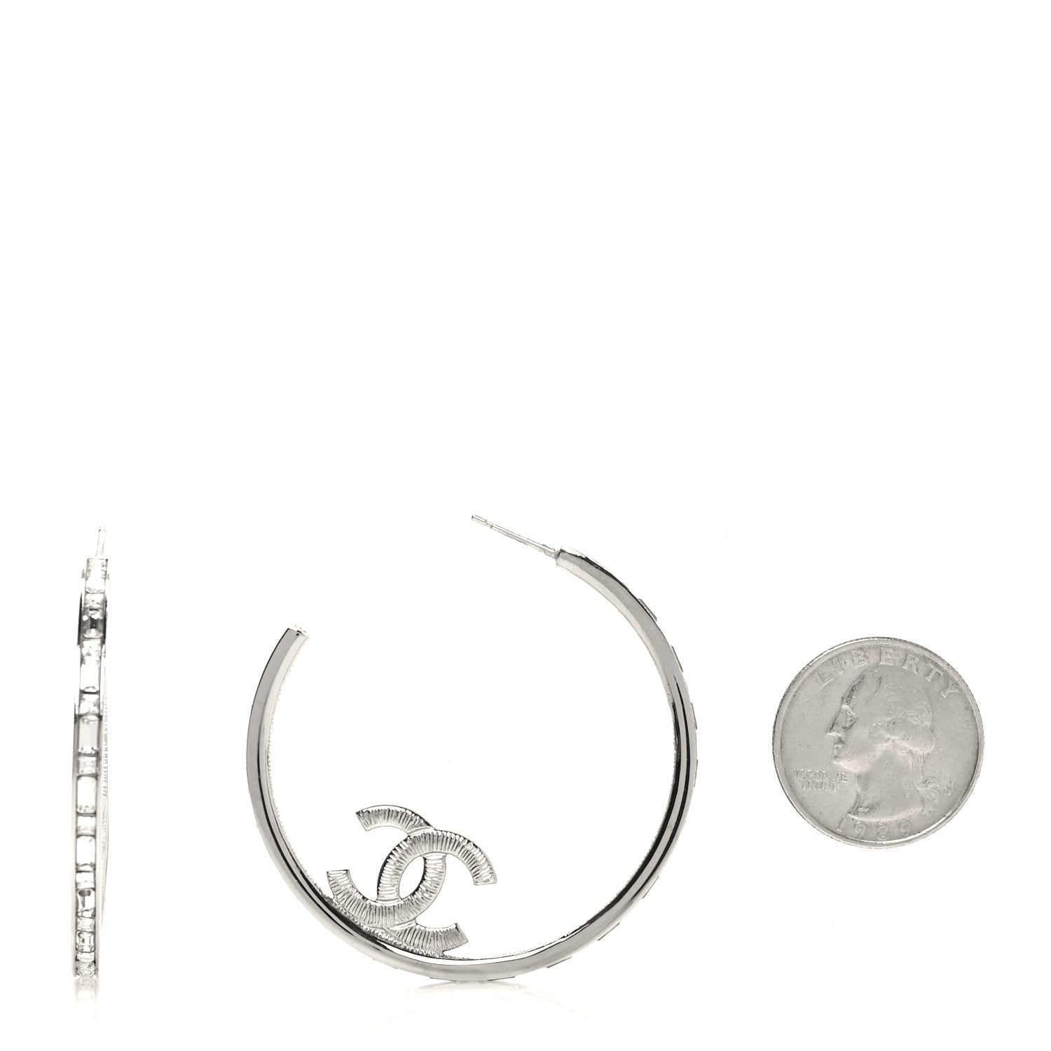 Chanel Metal Crystal Baguette CC Large Hoop Earrings Silver 2 of 5