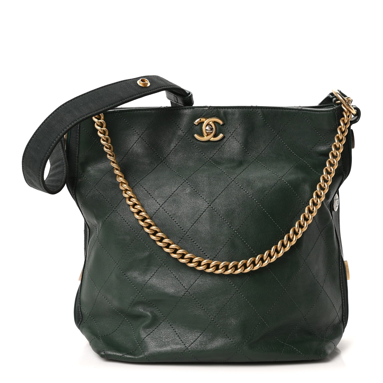 Chanel Calfskin Stitched Large Button Up Hobo Dark Green 1 of 10