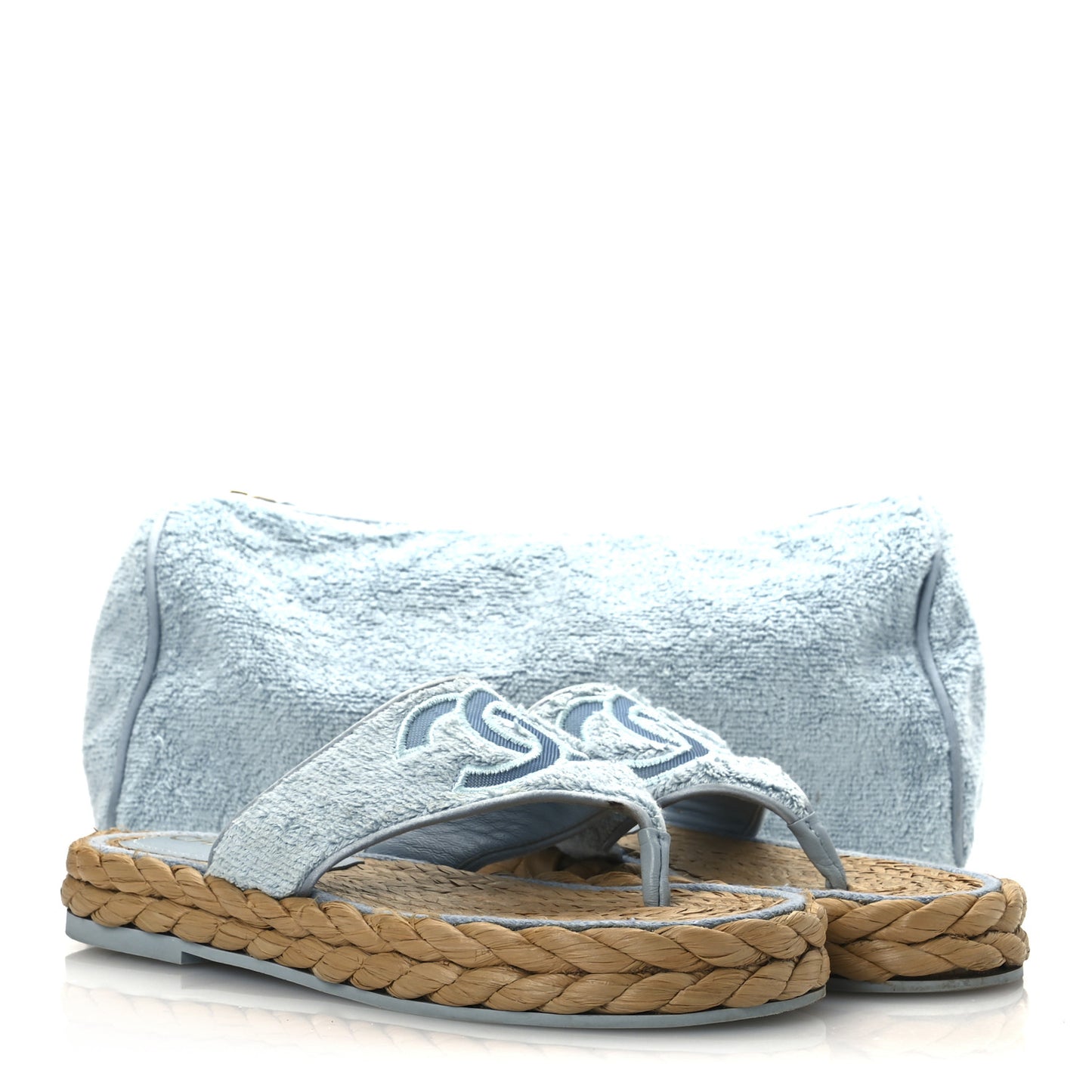 Terry Cloth Raffia CC Logo Thong Sandals 37 Blue