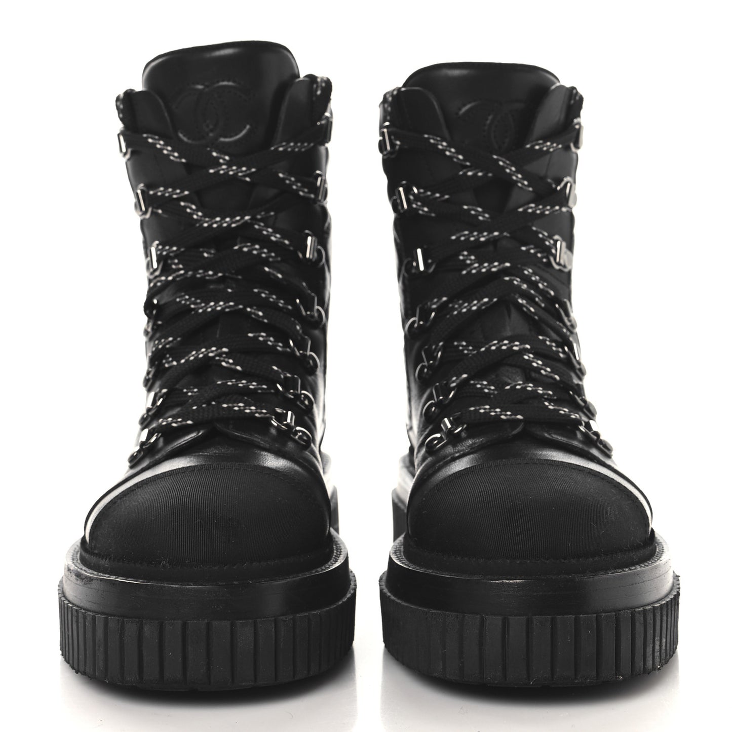 Calfskin Grosgrain Quilted Lace Up Boots 35 Black Grey