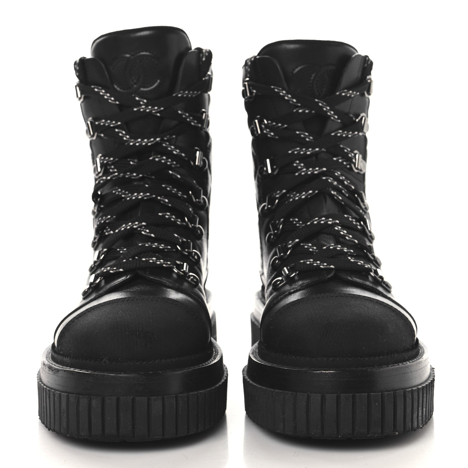 Chanel Calfskin Grosgrain Quilted Lace Up Boots 35 Black Grey 3 of 9