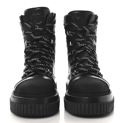 Chanel Calfskin Grosgrain Quilted Lace Up Boots 35 Black Grey 3 of 9