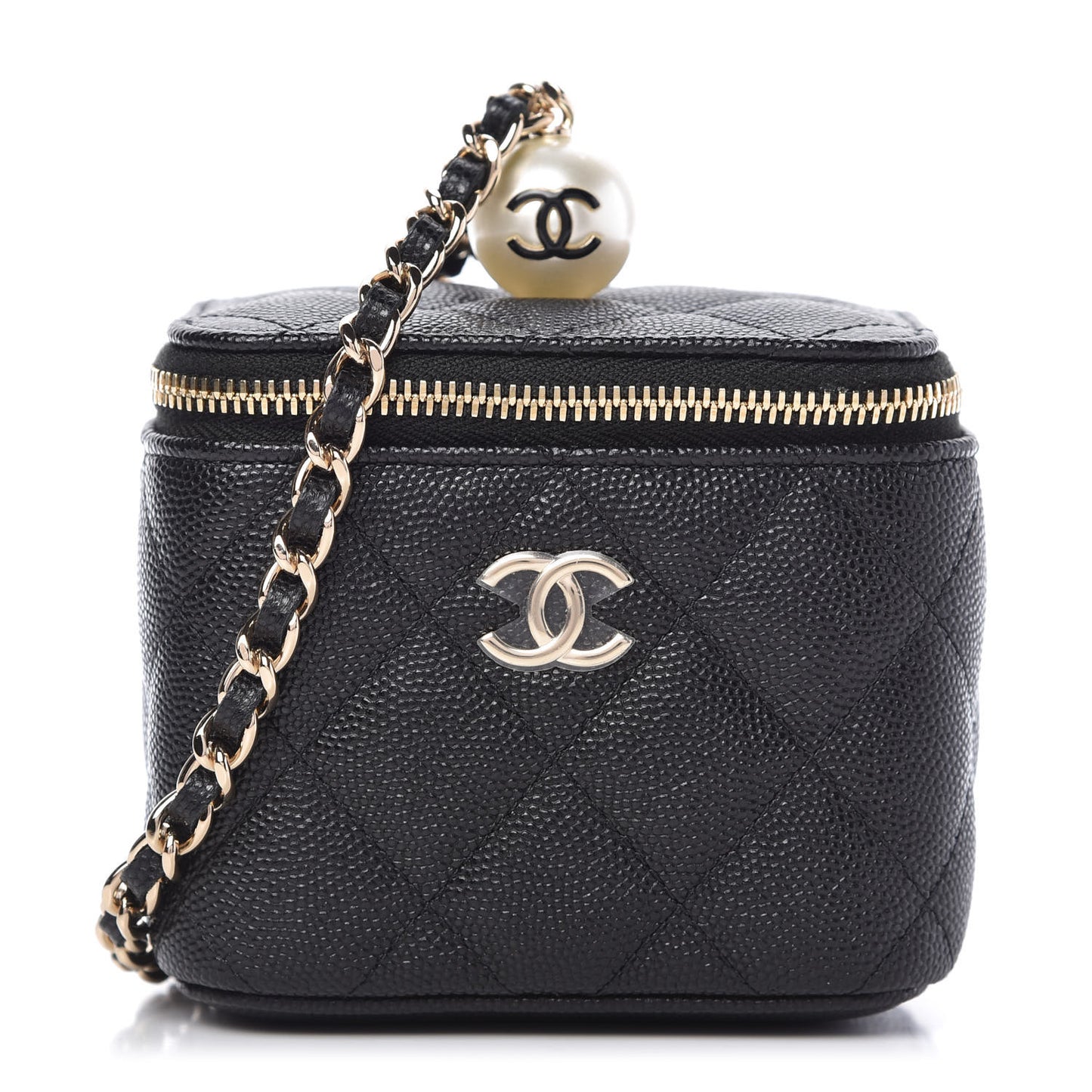 Caviar Quilted Mini Pearl On Top Vanity Case With Chain Black