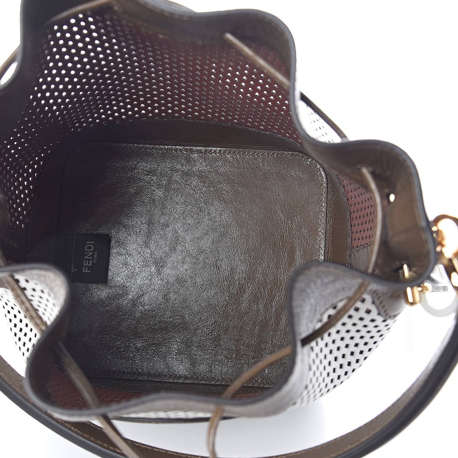 Fendi Vitello Liberty Glossy Lambskin F is Fendi Perforated Large Mon Tresor Bucket Bag White Ice Rust Maya 5 of 8